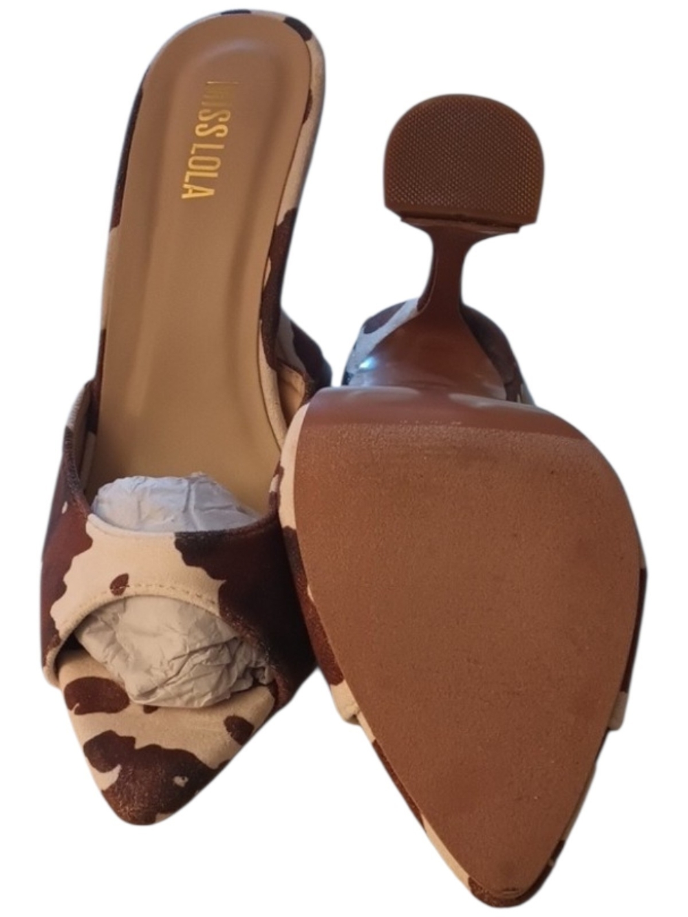 Miss Lola Brown and Cream Cow-Print Pointed Toe Mules
